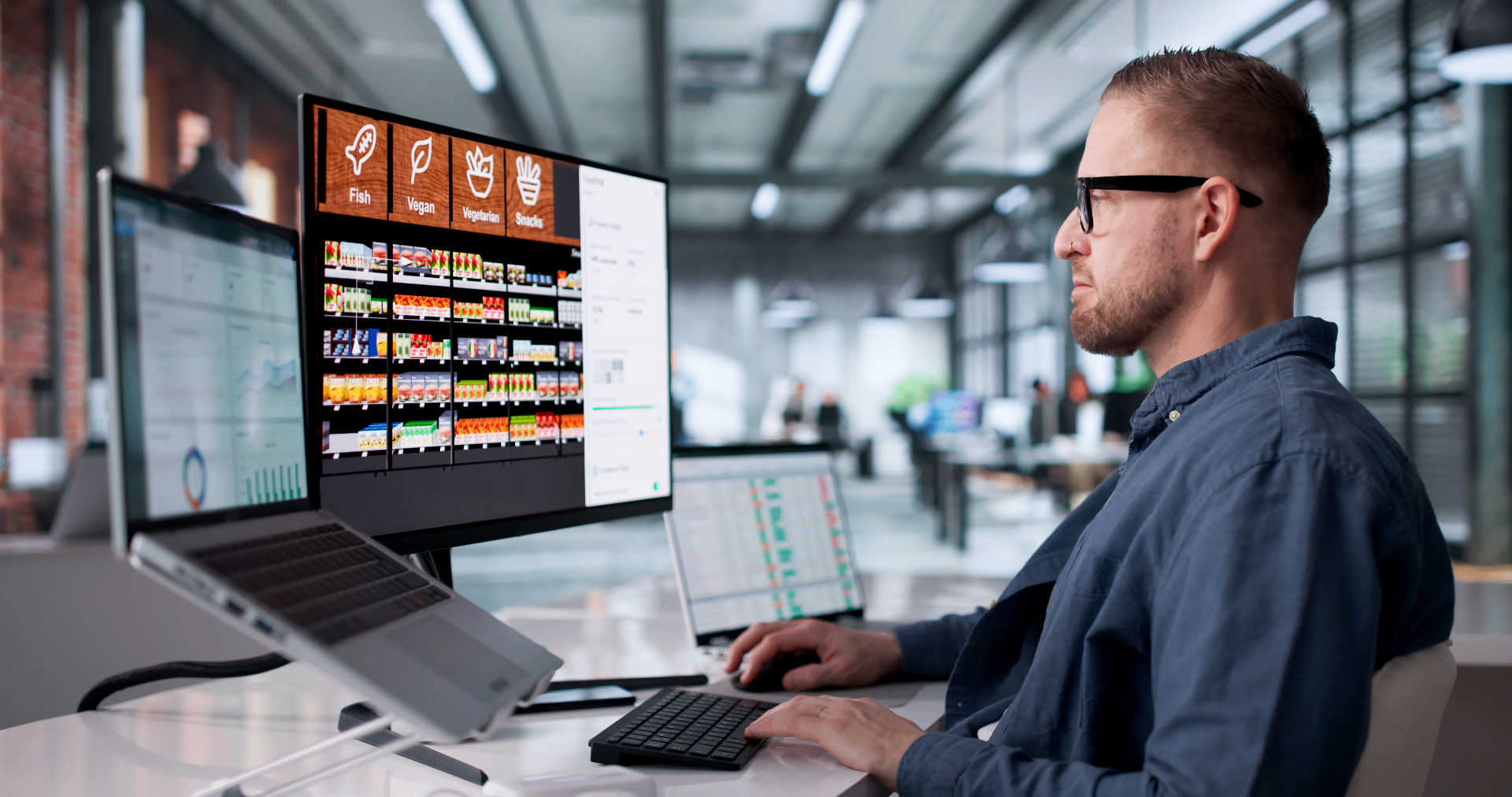 Retail operations manager using an AI-powered multi-site dashboard to query inventory, sales and supplier data